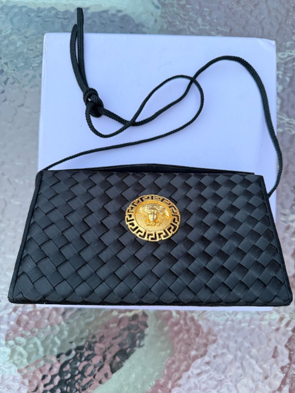 Vintage 90s Black Woven Clutch Gold Medallion – Versace Inspired Statement Bag - Picture 2 of 5